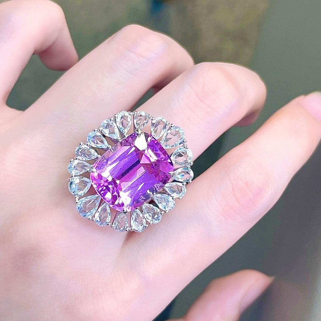 14k Gold 20.03 Ctw Natural Kunzite & Sapphire Ring - 7