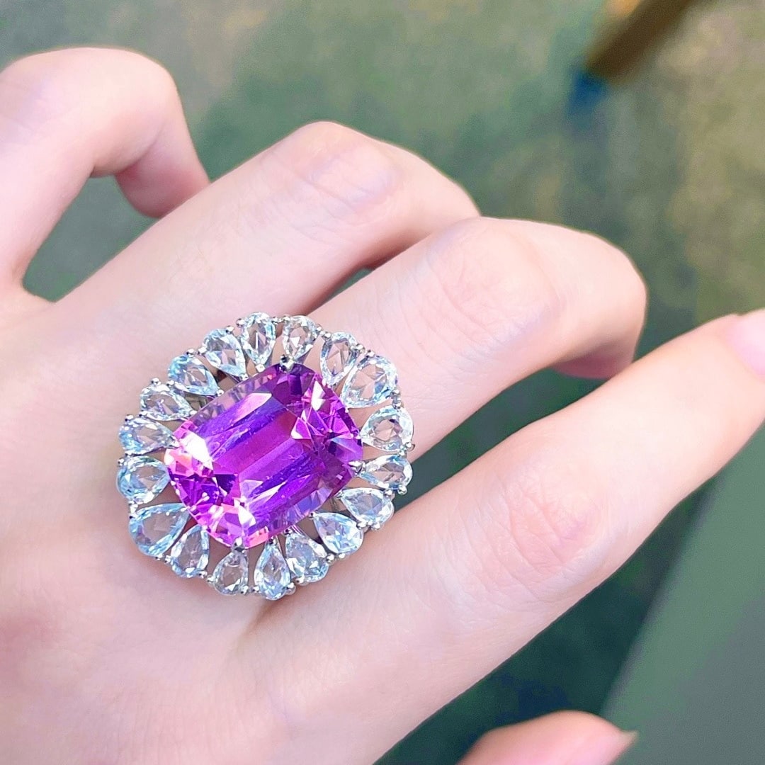 14k Gold 20.03 Ctw Natural Kunzite & Sapphire Ring - 8