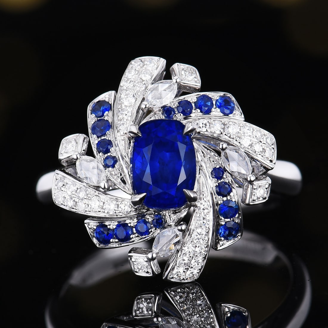 14k Gold 1.88 Ctw Natural Sapphire & Diamond Ring: Ref:231108277 // gold content:14k gold // ring size:7. 25us // // main gemstone:sapphire // shape:oval // carat weight:1. 61ct // color:royal blue // treatment:natural // // adjacent gemstone 2 :