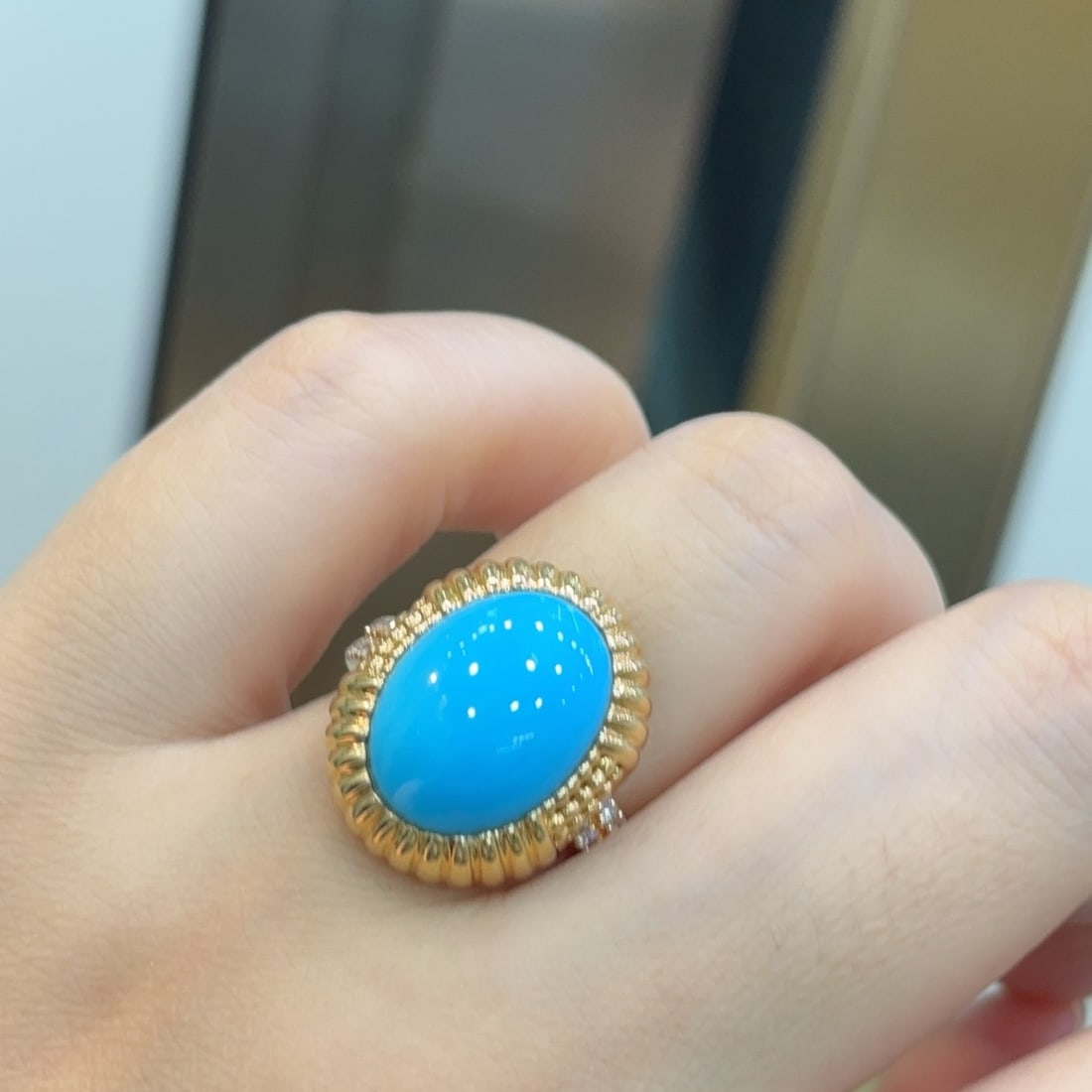 14k Gold 5.95 Ctw Natural Blue Turquoise & Diamond Ring - 5