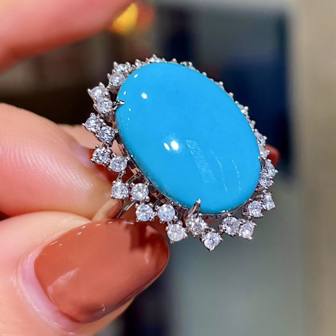 14k Gold 7.64 Ctw Natural Blue Turquoise & Diamond Ring - 2