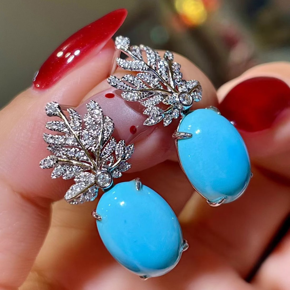 14k Gold 11.01 Ctw Natural Blue Turquoise & Diamond Earrings - 2