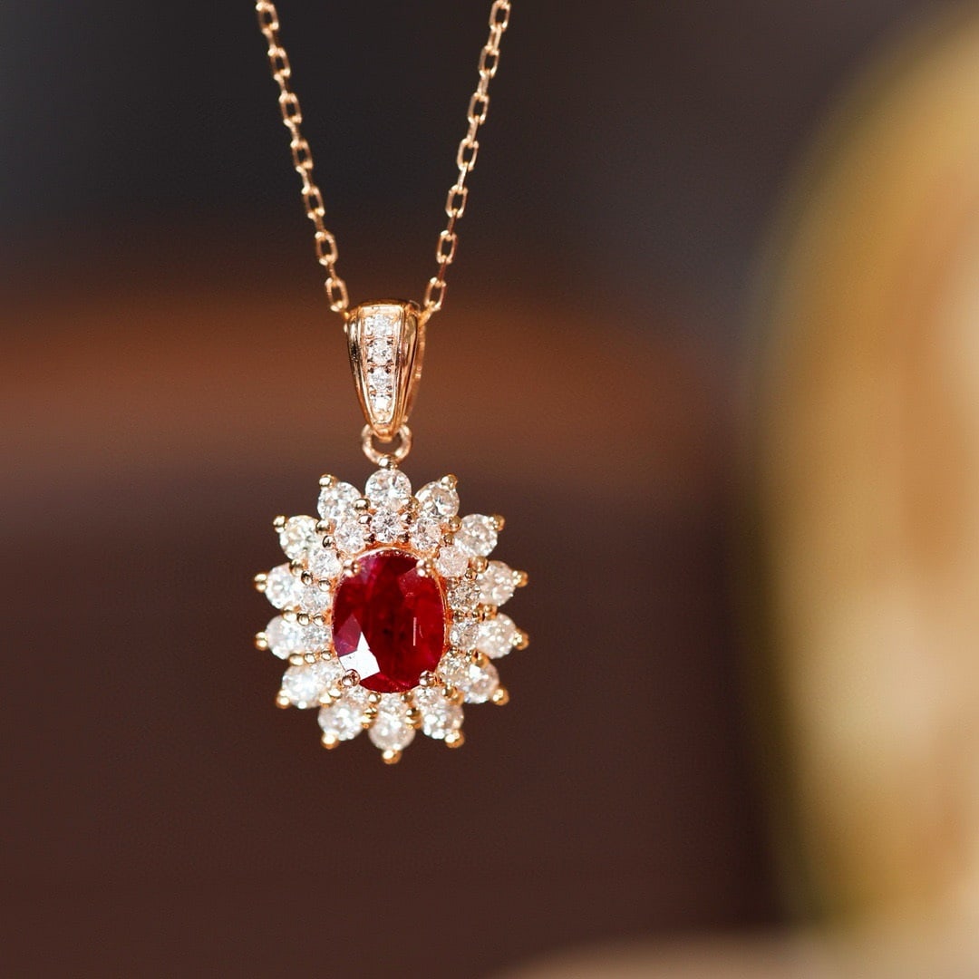 14k Gold 1.74 Ctw Natural Ruby & Diamond Pendant( Without Chain ): Ref:231108336 // gold content:14k gold // main gemstone:ruby // shape:oval // carat weight:1. 02ct // color:pigeonblood red // treatment:natural // // adjacent gemstone 2 : diamond // shape:round // c
