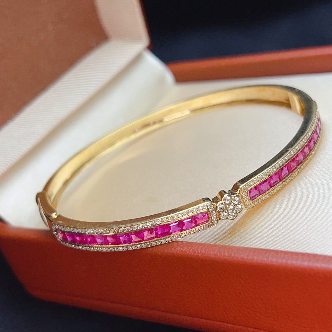 14k Gold 4.00 Ct Natural Ruby & Diamond & Sapphire Bangle - 4