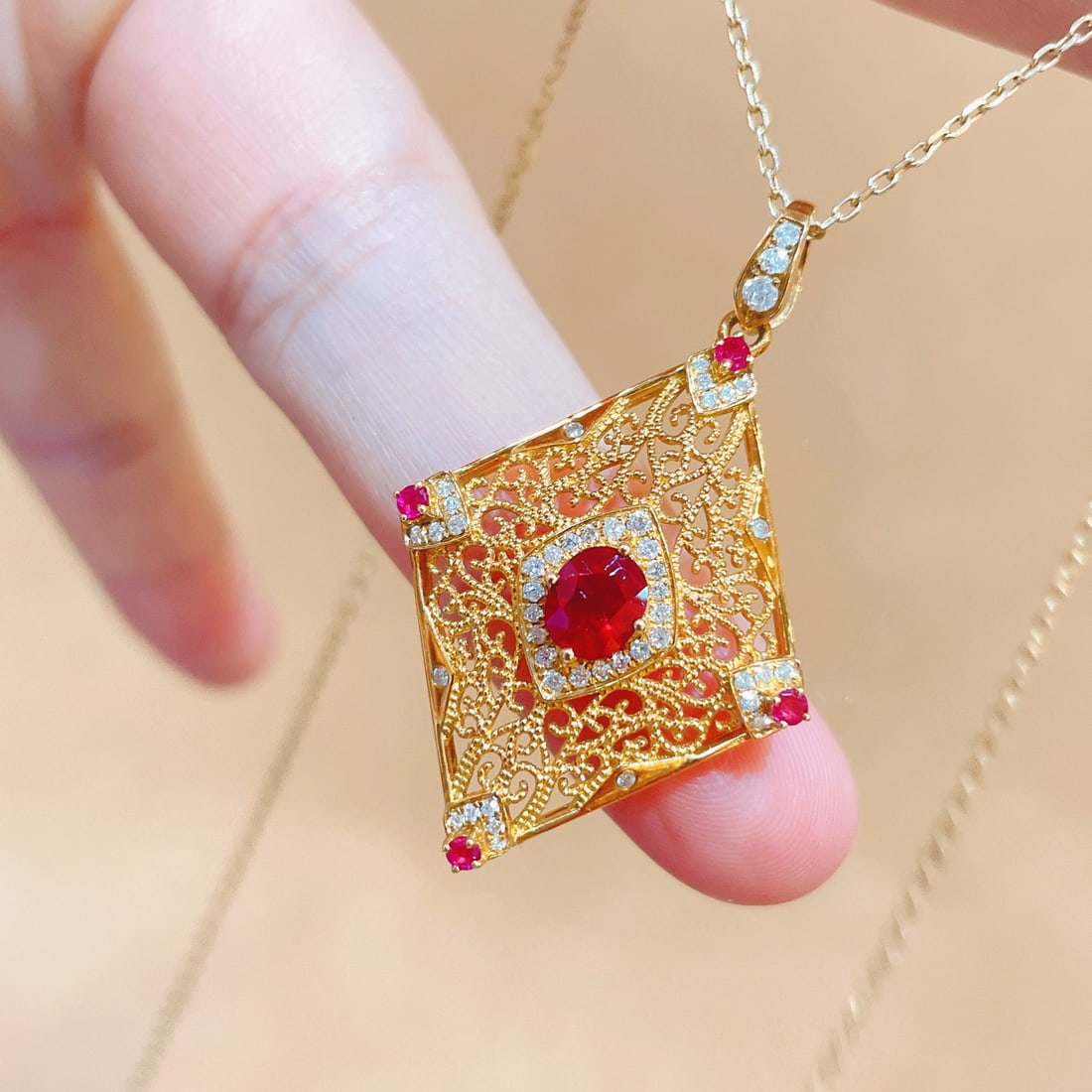 14k Gold 1.08 Ctw Natural Ruby & Diamond Pendant( Without Chain ) - 2