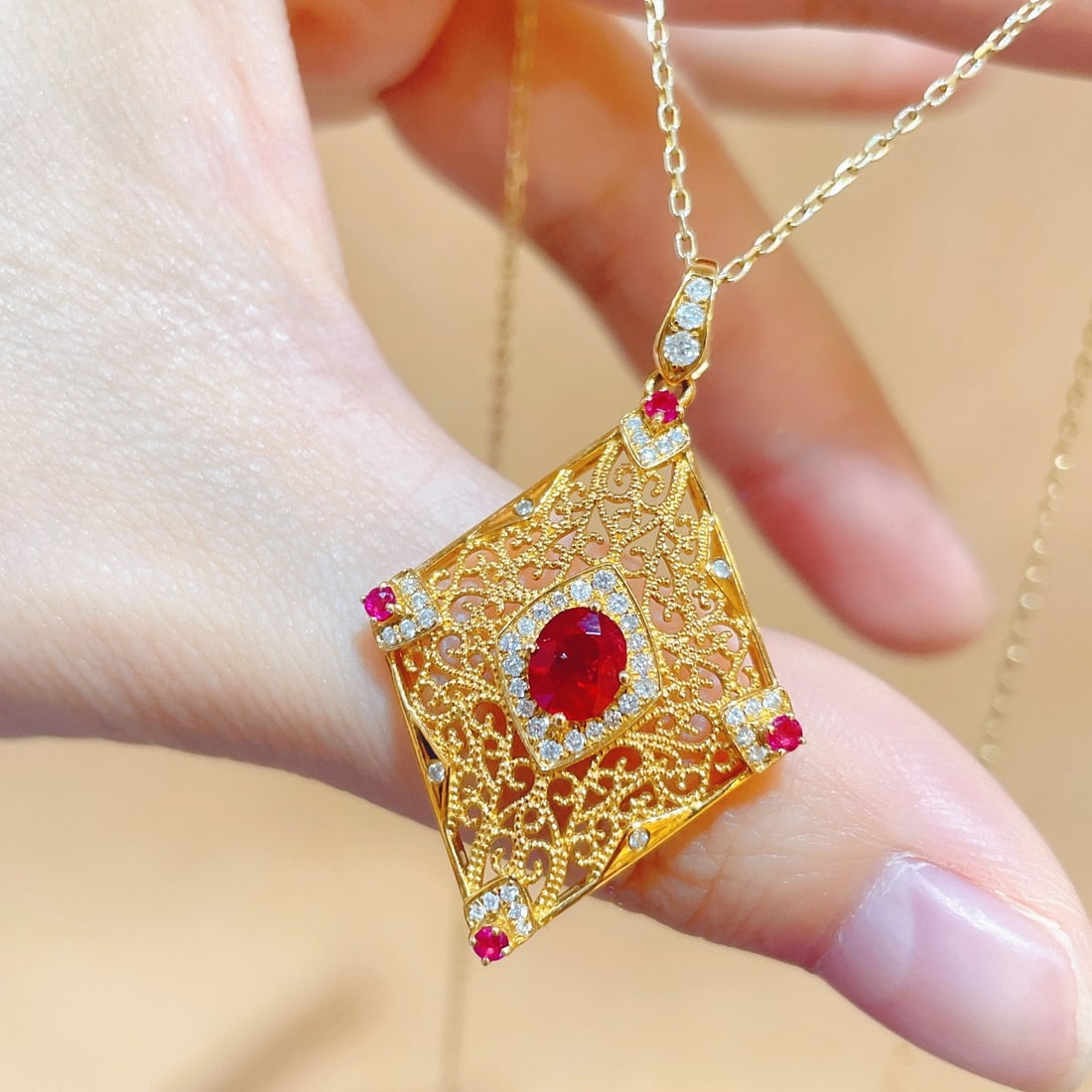 14k Gold 1.08 Ctw Natural Ruby & Diamond Pendant( Without Chain ) - 4