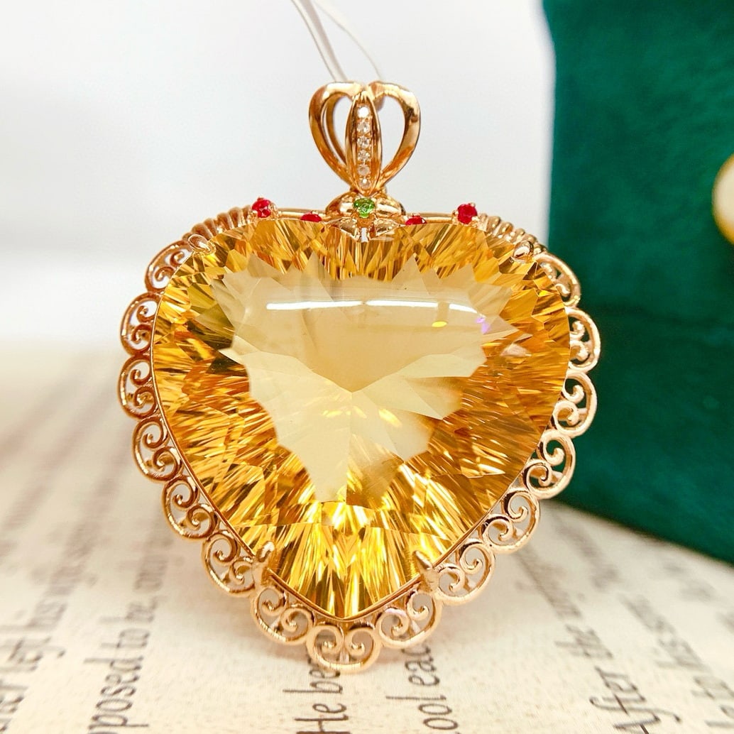 14k Gold 32.9 Ct Natural Citrine & Diamond Pendant( Without Chain ) - 5