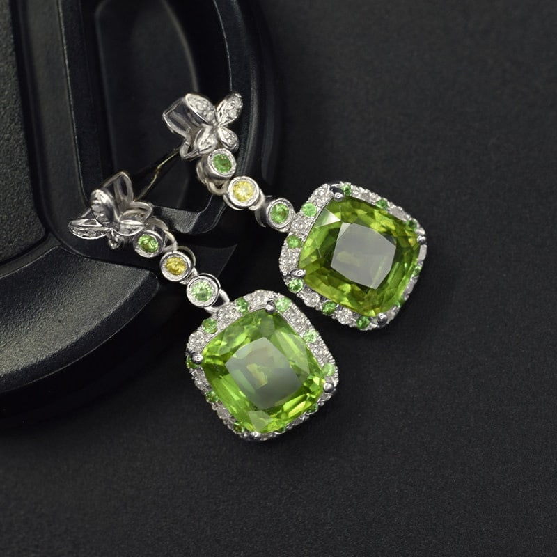 14k Gold 7.05 Ctw Natural Peridot & Diamond Earrings - 2