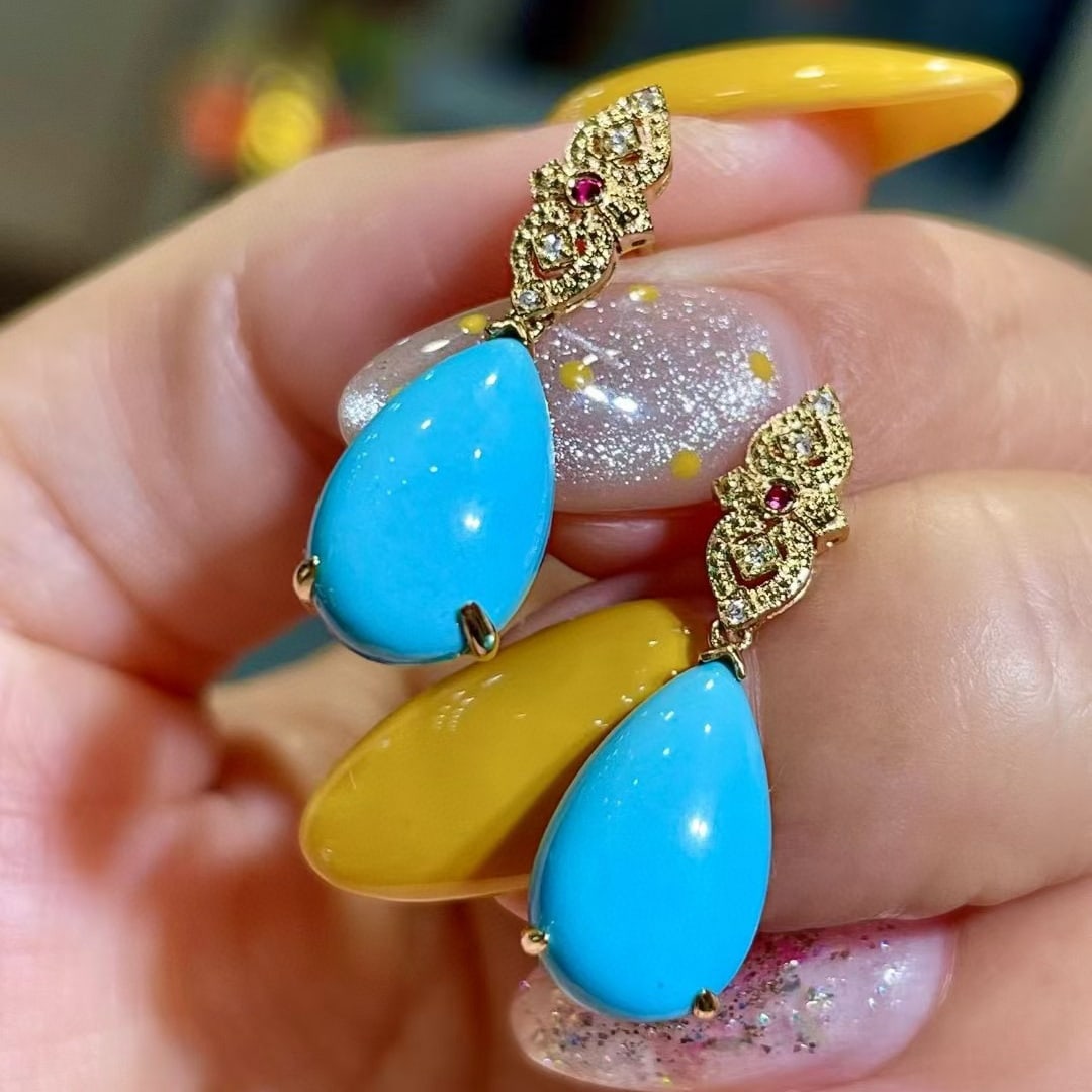 14k Gold 5.68 Ct Natural Blue Turquoise & Diamond & Ruby Earrings - 3