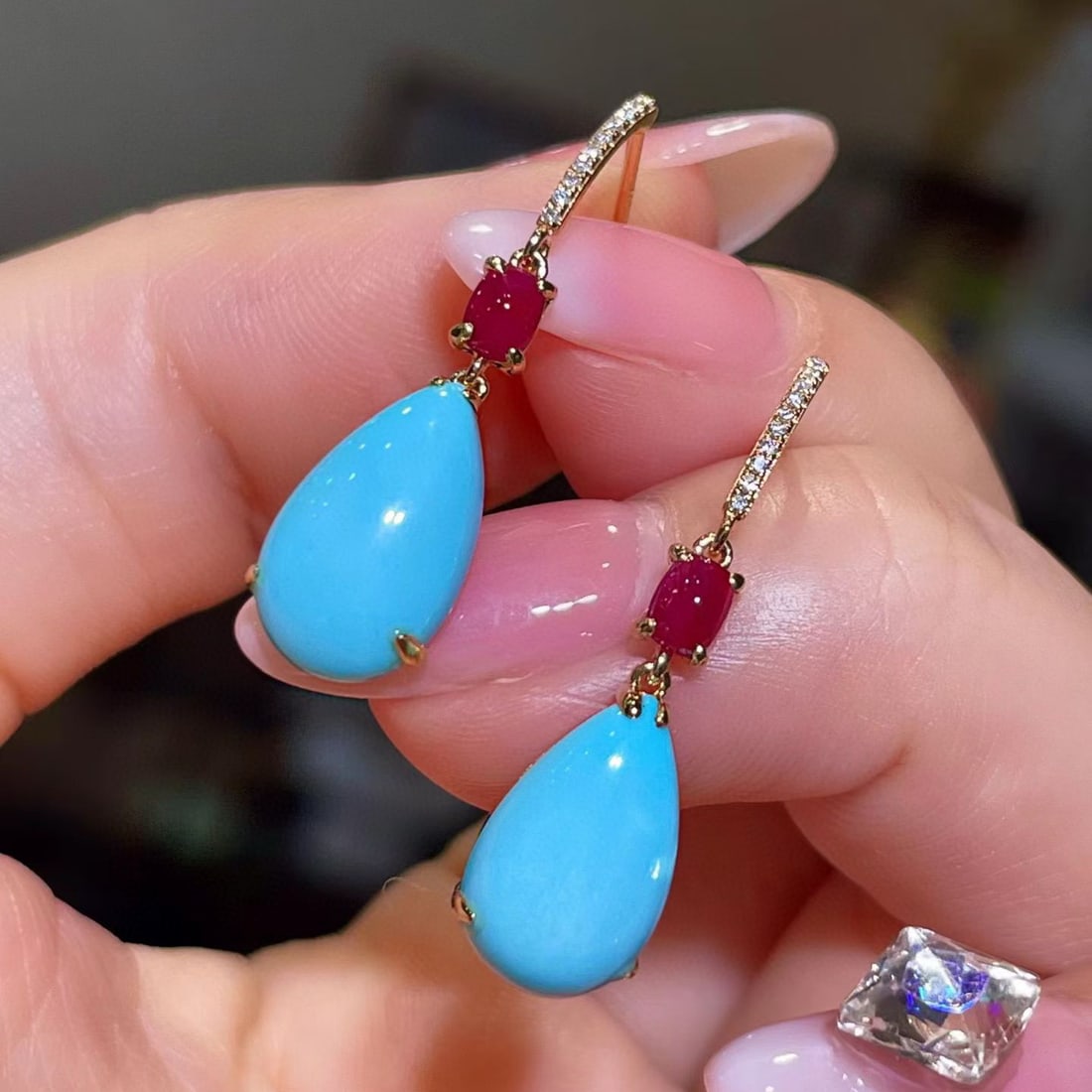 14k Gold 5.41 Ctw Natural Blue Turquoise & Ruby Earrings - 3