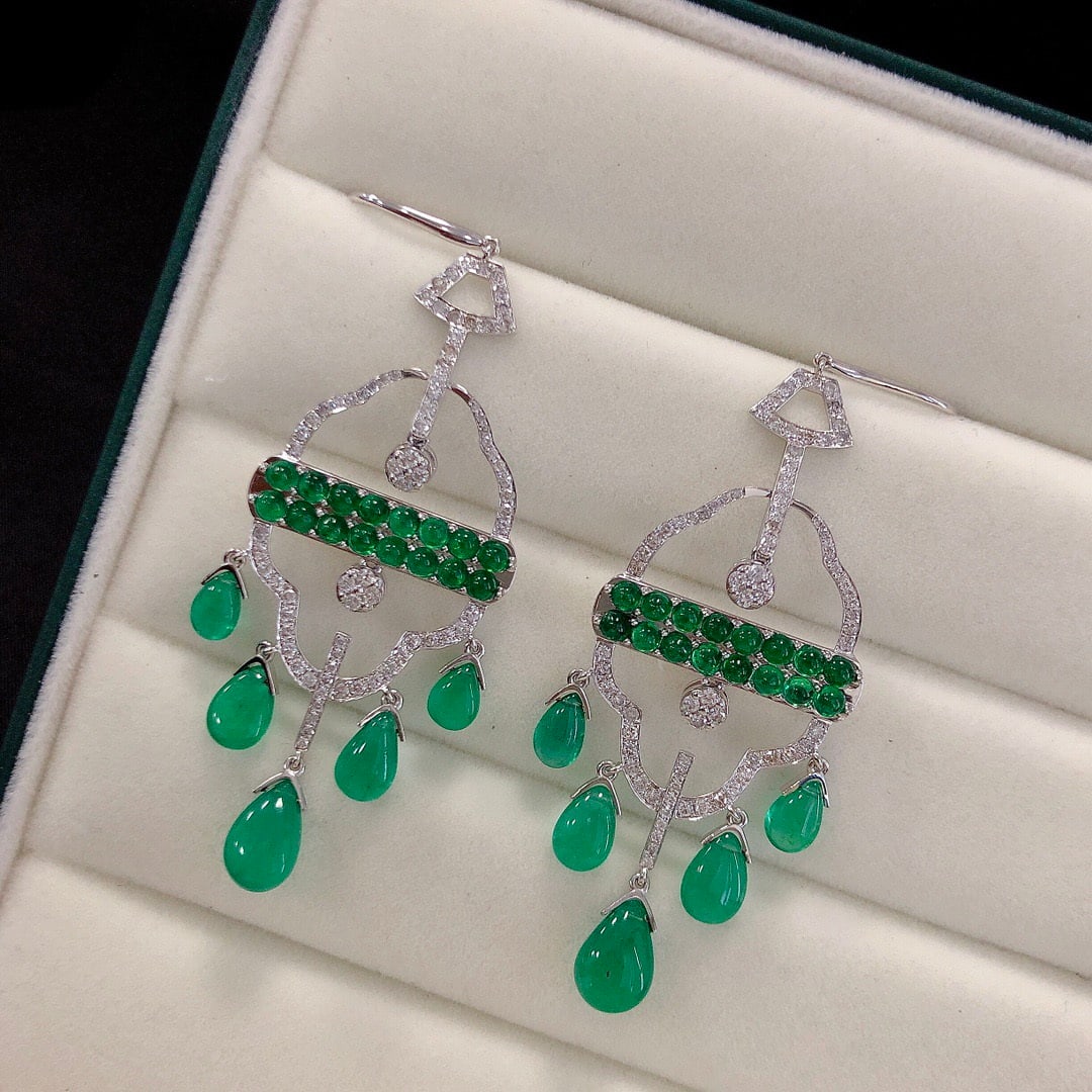 14k Gold 14.17 Ctw Natural Emerald & Diamond Earrings - 6