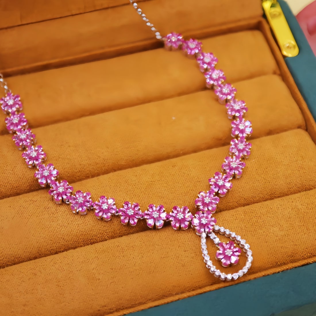 14k Gold 10.89 Ctw Natural Padparadscha Sapphire & Diamond Necklace - 2