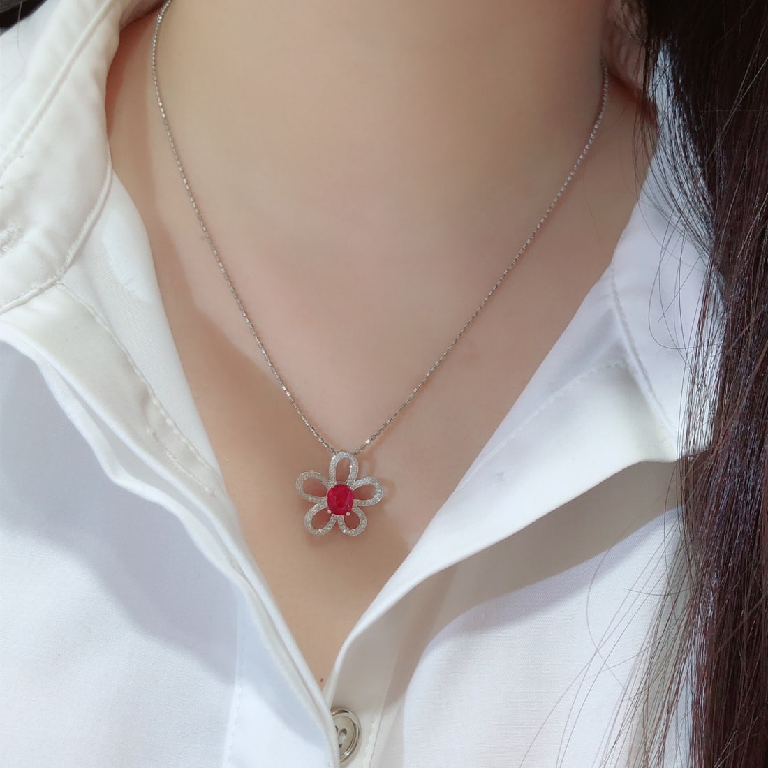 14k Gold 1.10 Ct Natural Ruby & Diamond & Flowers Pendant( Without Chain ) - 5