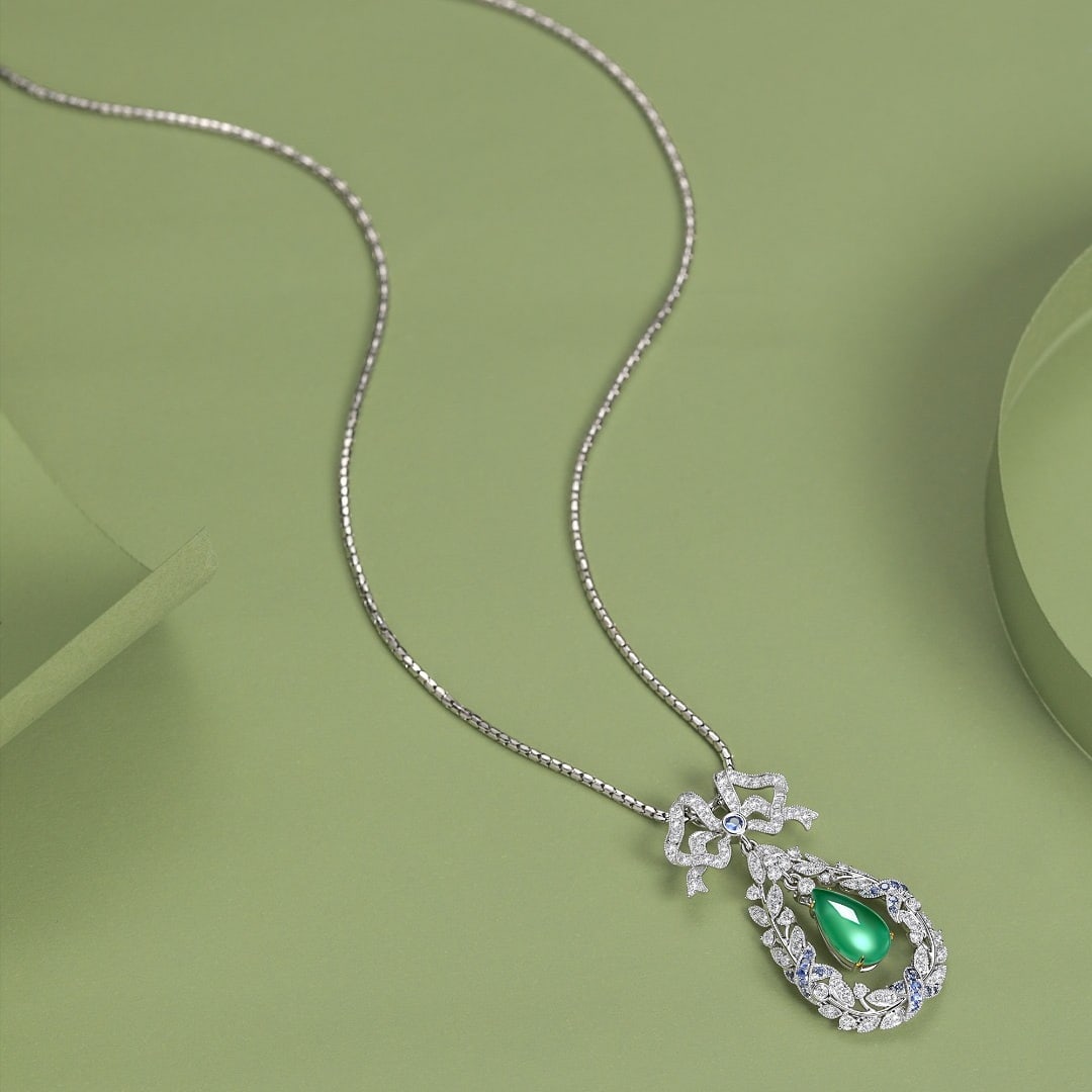 14k Gold 1.05 Ct Natural Emerald & Diamond & Sapphire Pendant( Without Chain ) - 2