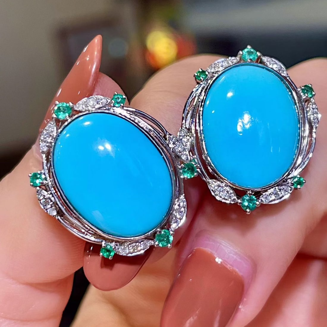 14k Gold 9.37 Ctw Natural Blue Turquoise & Emerald Earrings - 3