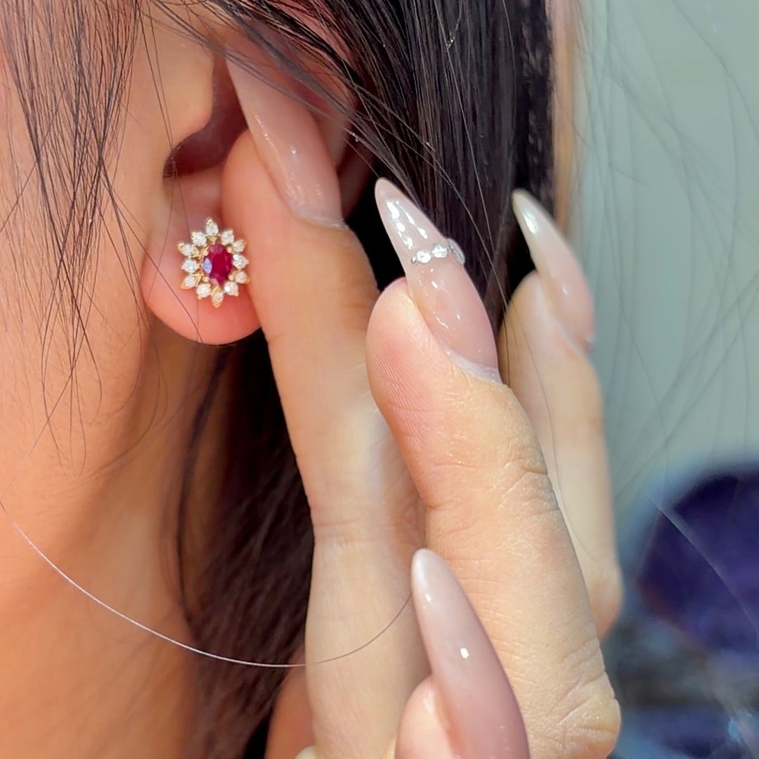 14k Gold 0.93 Ctw Vivid Red Natural Ruby & Diamond Earrings - 3