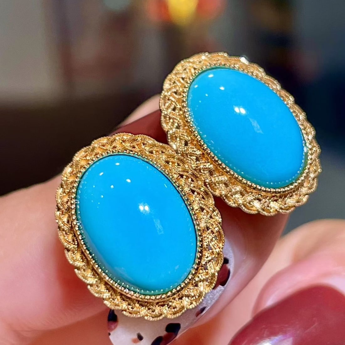 14k Gold 8.86 Ct Natural Blue Turquoise Earrings - 2