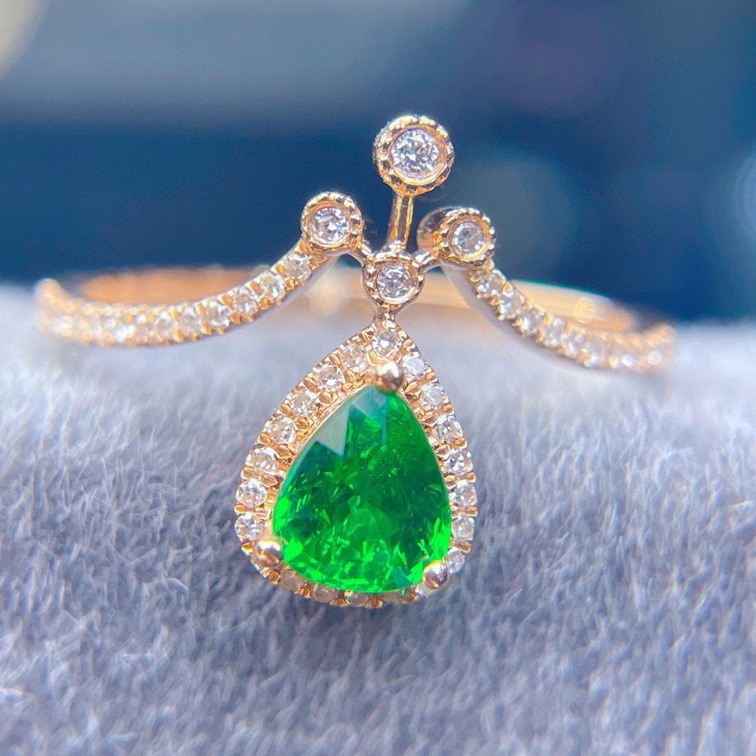 14k Gold 0.8 Ct Vivid Green Natural Tsavorite & Diamond Ring - 6