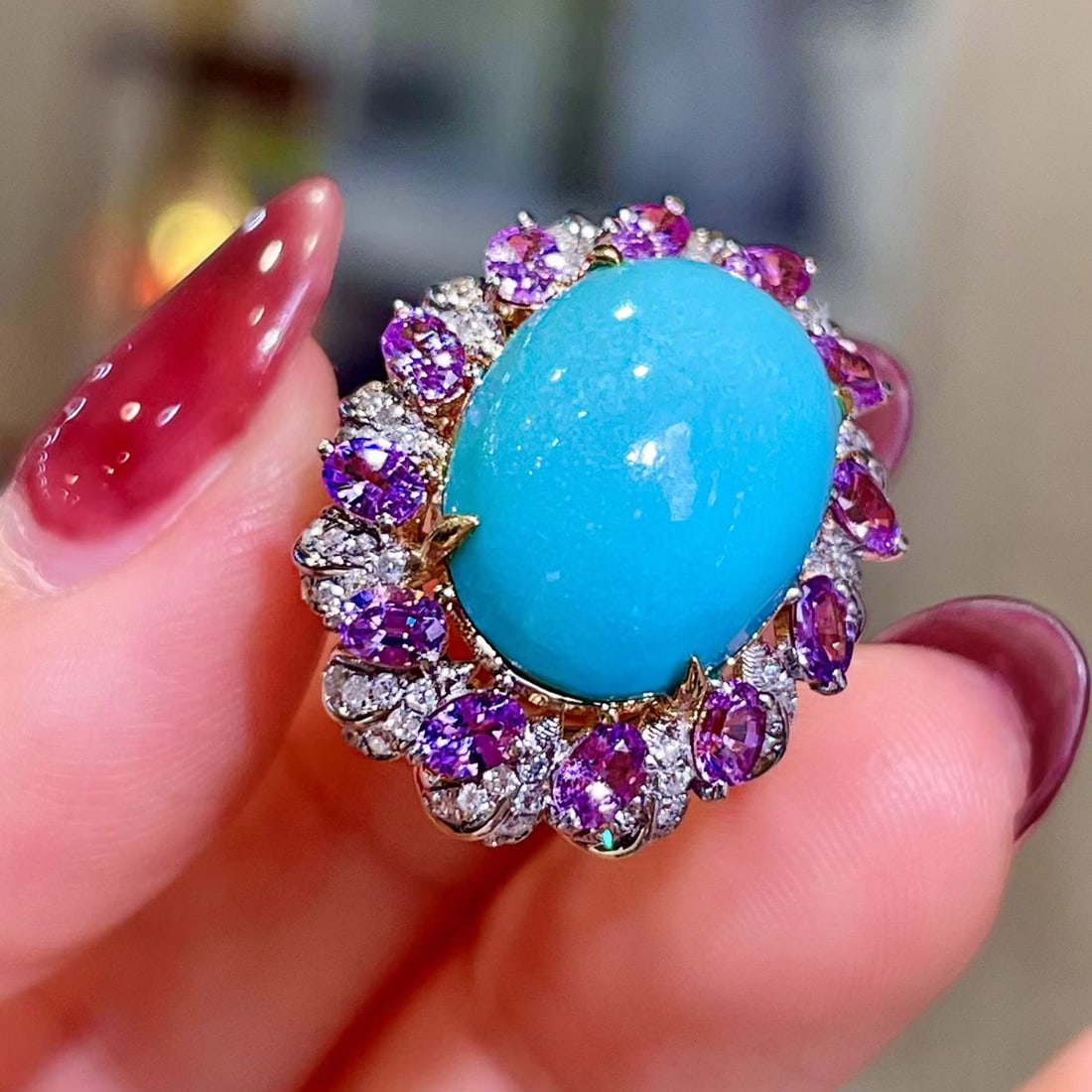 14k Gold 9.19 Ctw Natural Blue Turquoise & Sapphire Ring - 2