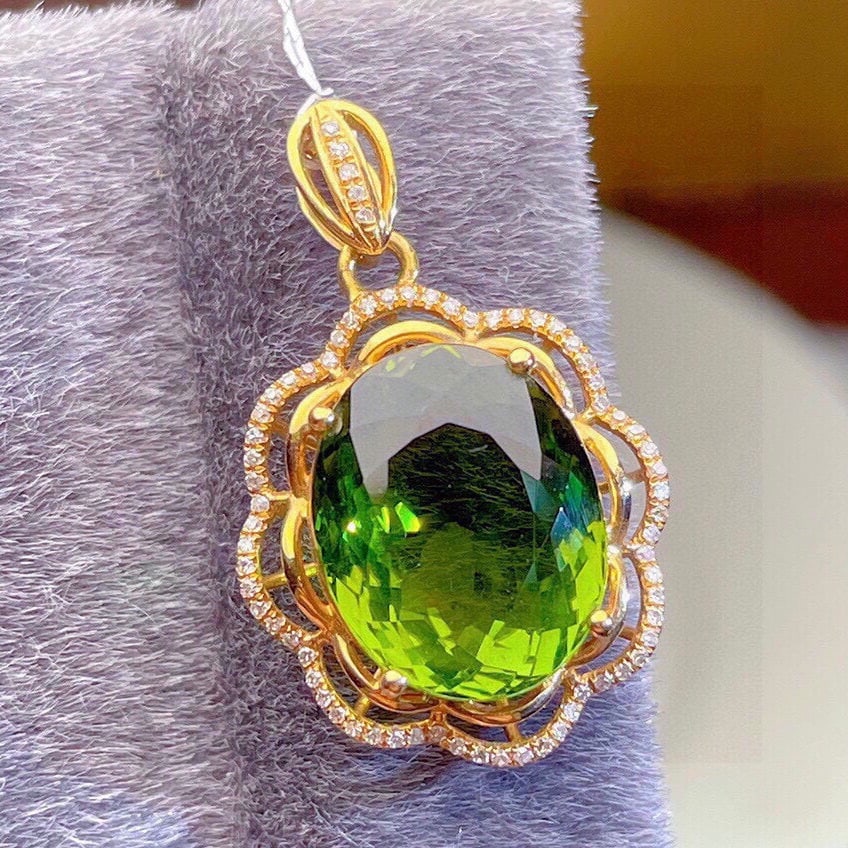 14k Gold 8.53 Ct Natural Tourmaline & Diamond Pendant( Without Chain ) - 2