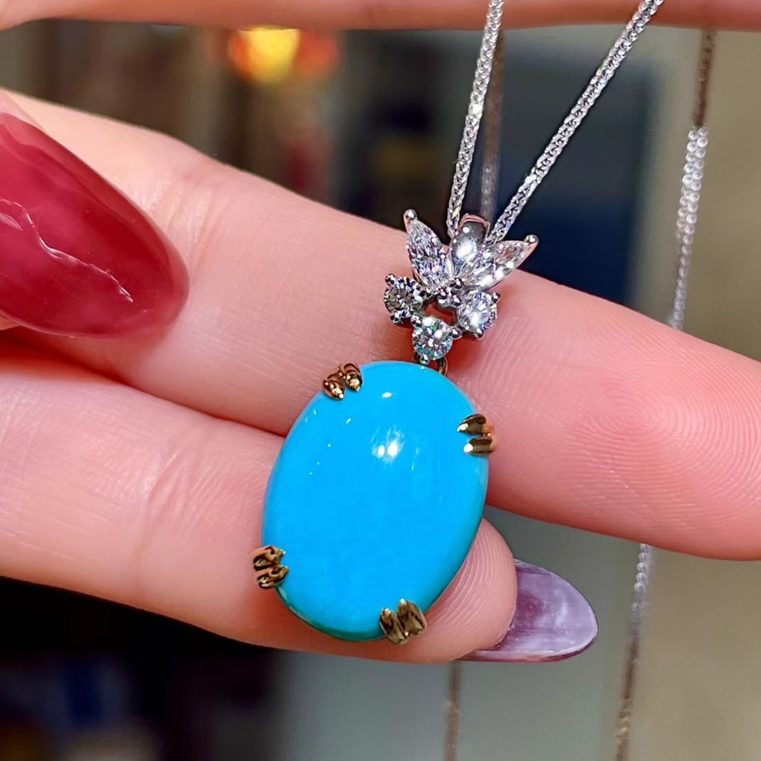 14k Gold 8.01 Ctw Natural Blue Turquoise & Diamond Pendant( Without Chain ) - 3