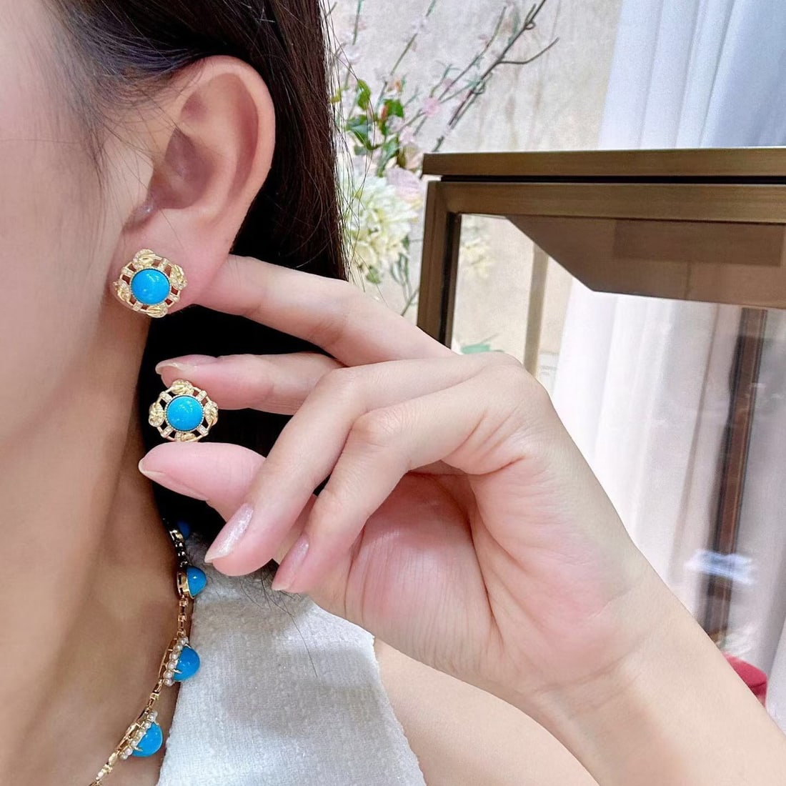 14k Gold 4.09 Ctw Natural Blue Turquoise & Diamond Earrings - 4