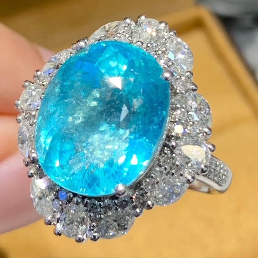 14k Gold 8.6 Ct Natural Paraiba Tourmaline & Diamond Ring - 2