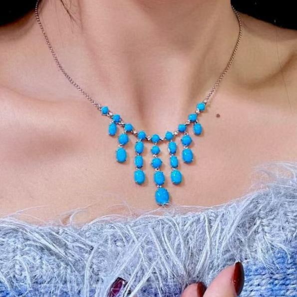 14k Gold 13.37 Ctw Natural Blue Turquoise & Diamond Necklace - 3