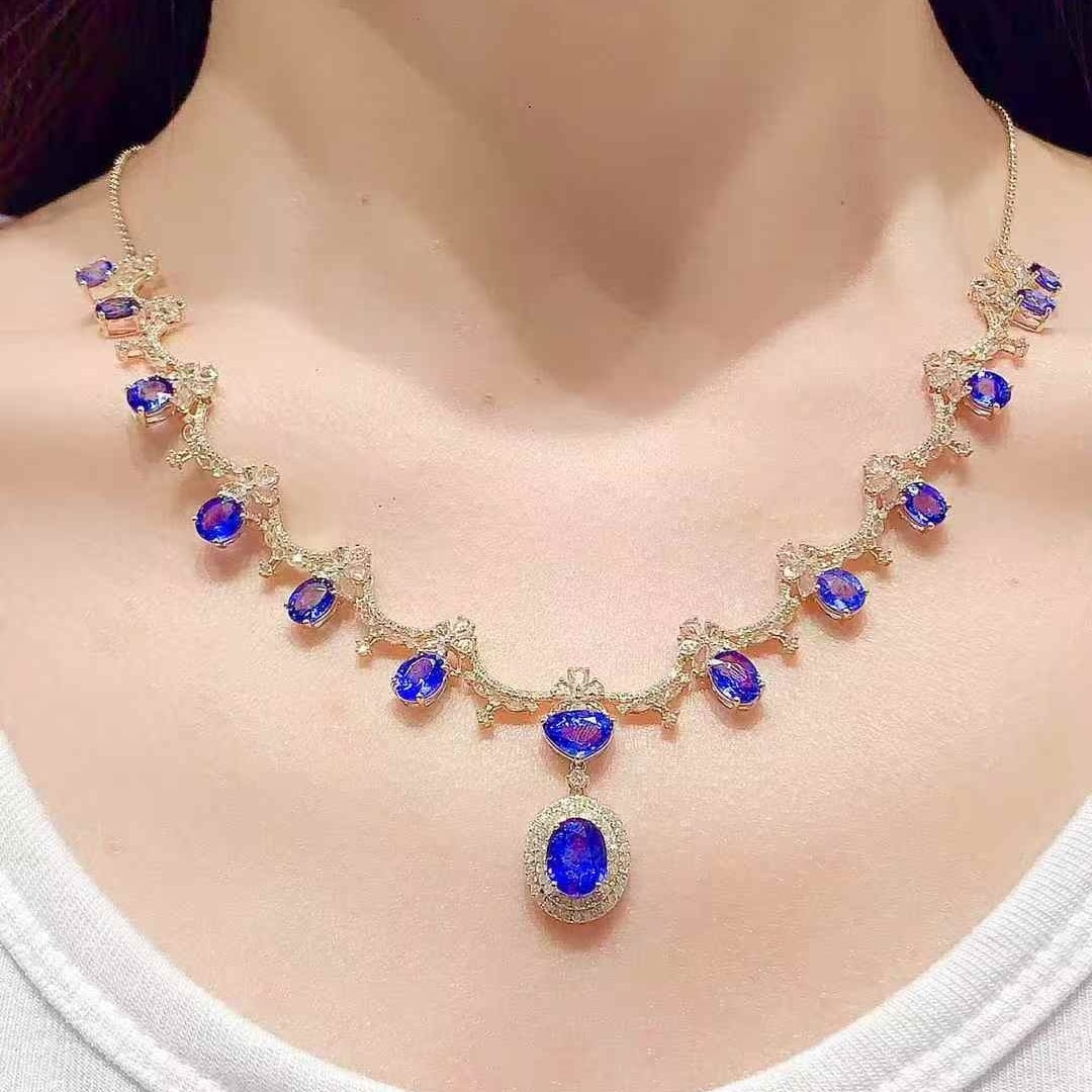 14k Gold 12.5 Ct Natural Sapphire & Diamond Necklace - 6