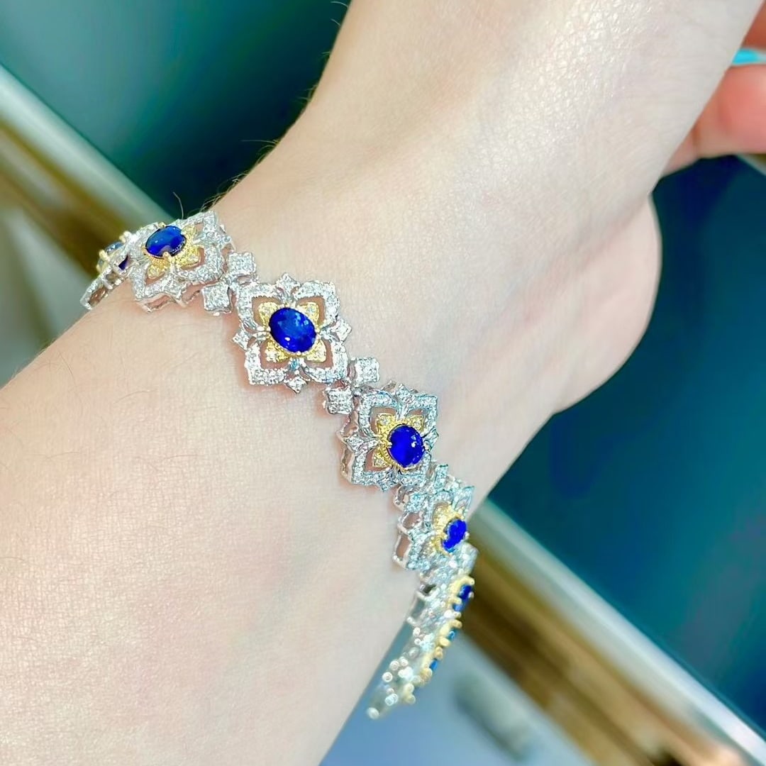 14k Gold 4.35 Ct Natural Sapphire & Diamond Bracelet - 4