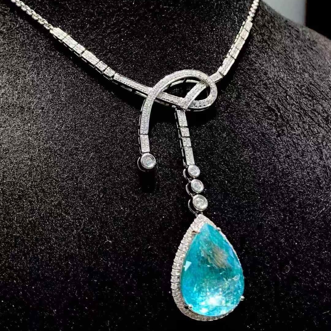 14k Gold 8.54 Ct Natural Paraiba Tourmaline & Diamond Necklace - 4