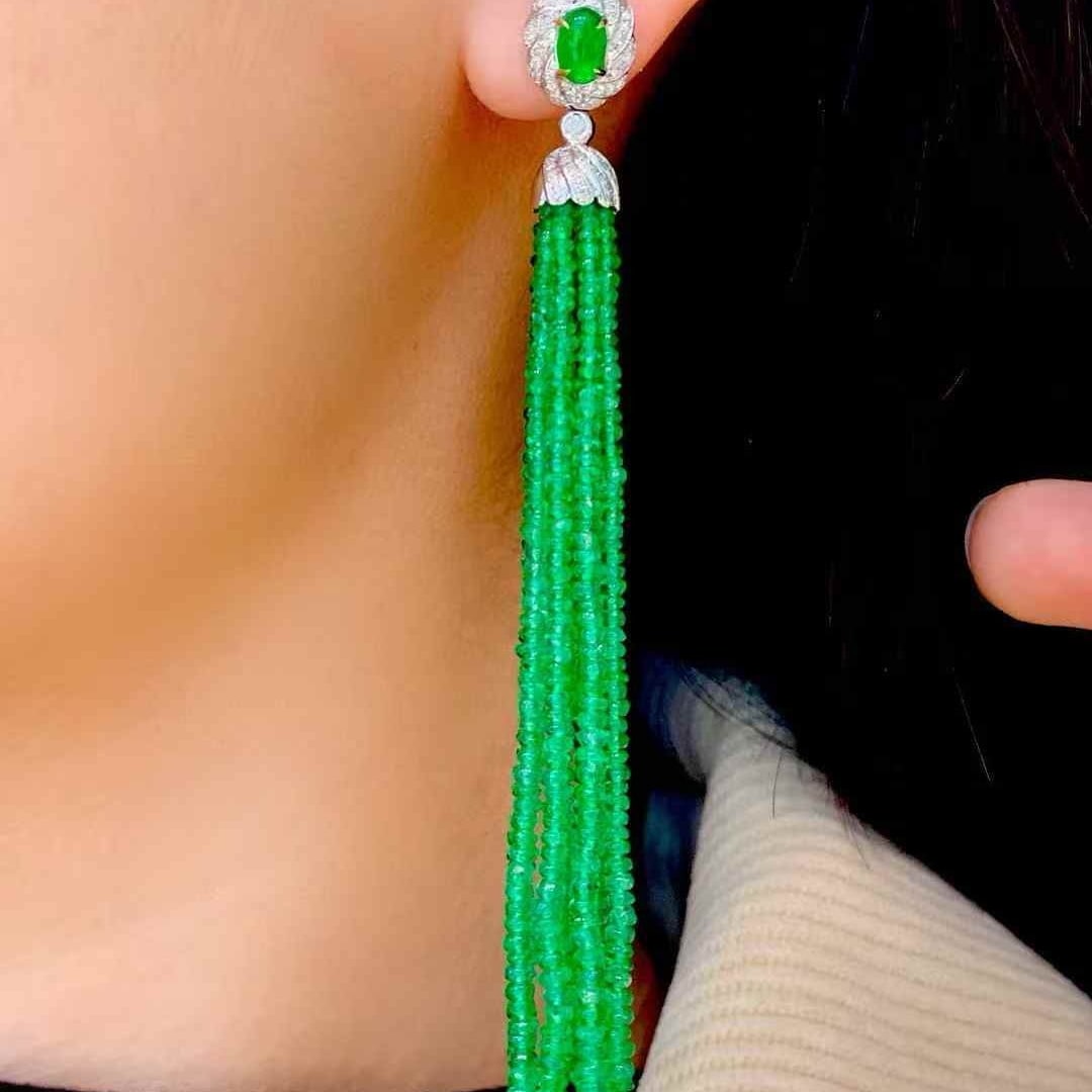 14k Gold 45 Ct Natural Emerald & Diamond Earrings - 2