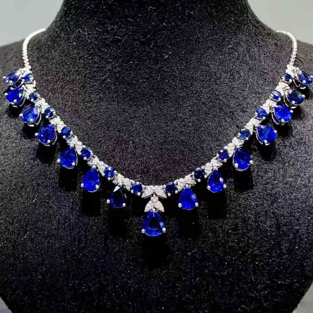 14k Gold 10.02 Ct Natural Sapphire & Diamond Necklace: Ref:231111068 // gold content:14k gold // main gemstone:sapphire // shape:multiple // carat weight:10. 02ct // color:blue // treatment:natural // // adjacent gemstone 2 : diamond // shape:round //