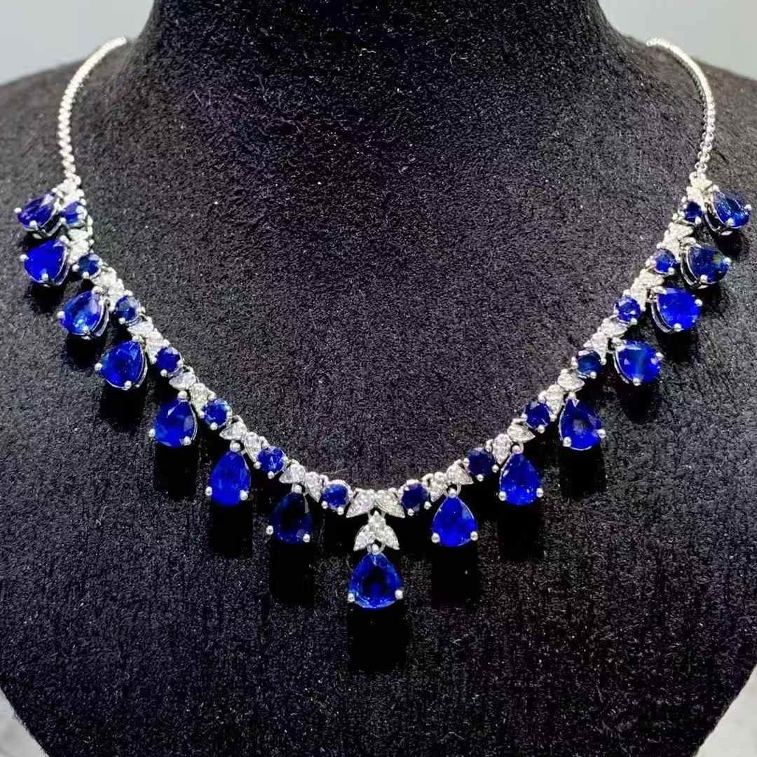 14k Gold 10.02 Ct Natural Sapphire & Diamond Necklace - 4