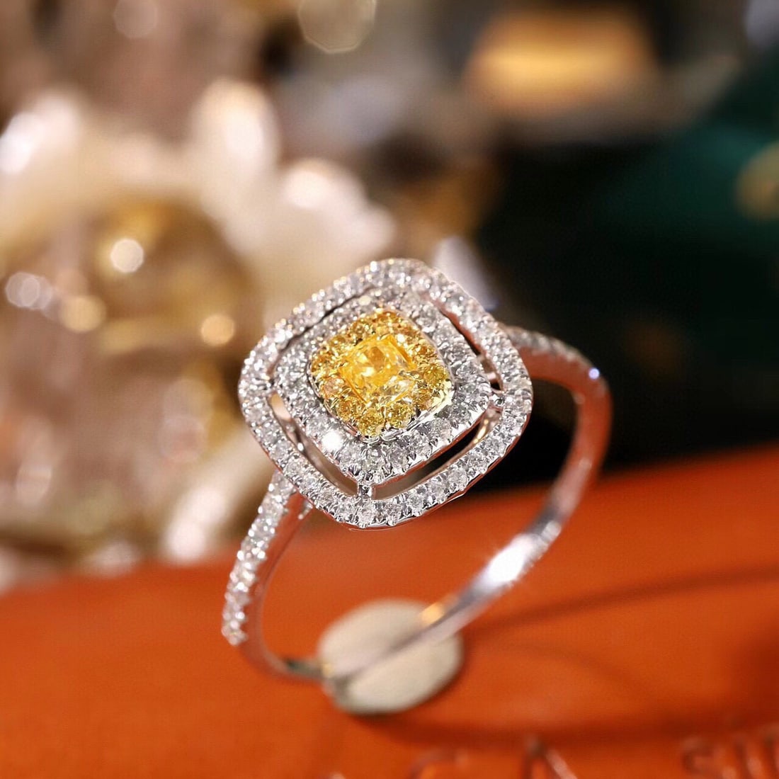 14k Gold 0.55 Ctw Natural Yellow Diamond & Diamond Ring: Ref:231111080 // gold content:14k gold // ring size:7. 25us // // main gemstone:yellow diamond // shape:cushion // carat weight:0. 14ct // color:yellow // treatment:natural // // adjacent gemstone
