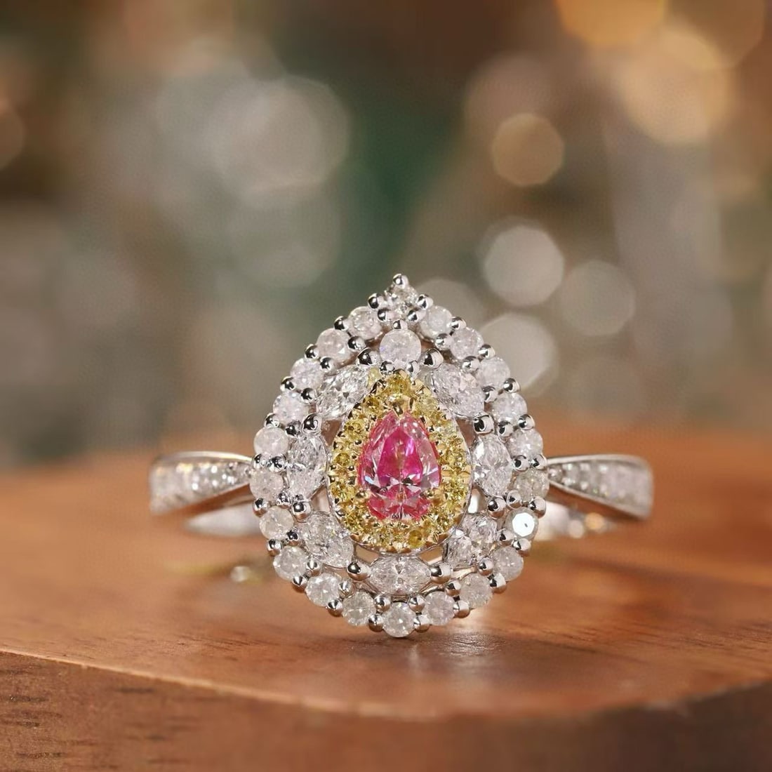 14k Gold 0.78 Ctw Natural Pink Diamond & Diamond Ring: Ref:231111125 // gold content:14k gold // ring size:7. 25us // // main gemstone:pink diamond // shape:pear // carat weight:0. 18ct // color:pink // treatment:natural // // adjacent gemstone 2 :