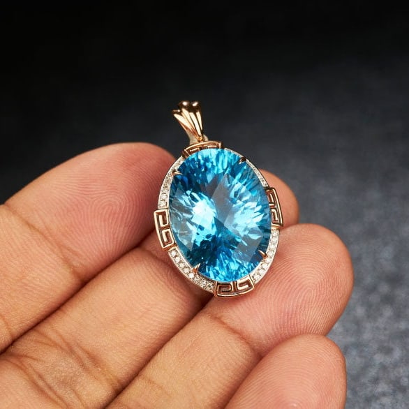 14k Gold 18.52 Ct Natural Topaz & Diamond Pendant( Without Chain ) - 9