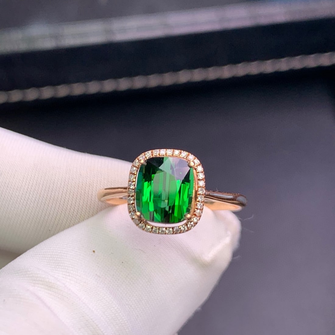 14k Gold 1.9 Ct Natural Tourmaline & Diamond Ring: Ref:231111132 // gold content:14k gold // ring size:7. 25us // // main gemstone:tourmaline // shape:cushion // carat weight:1. 9ct // color:green // treatment:natural // // adjacent gemstone 2 :