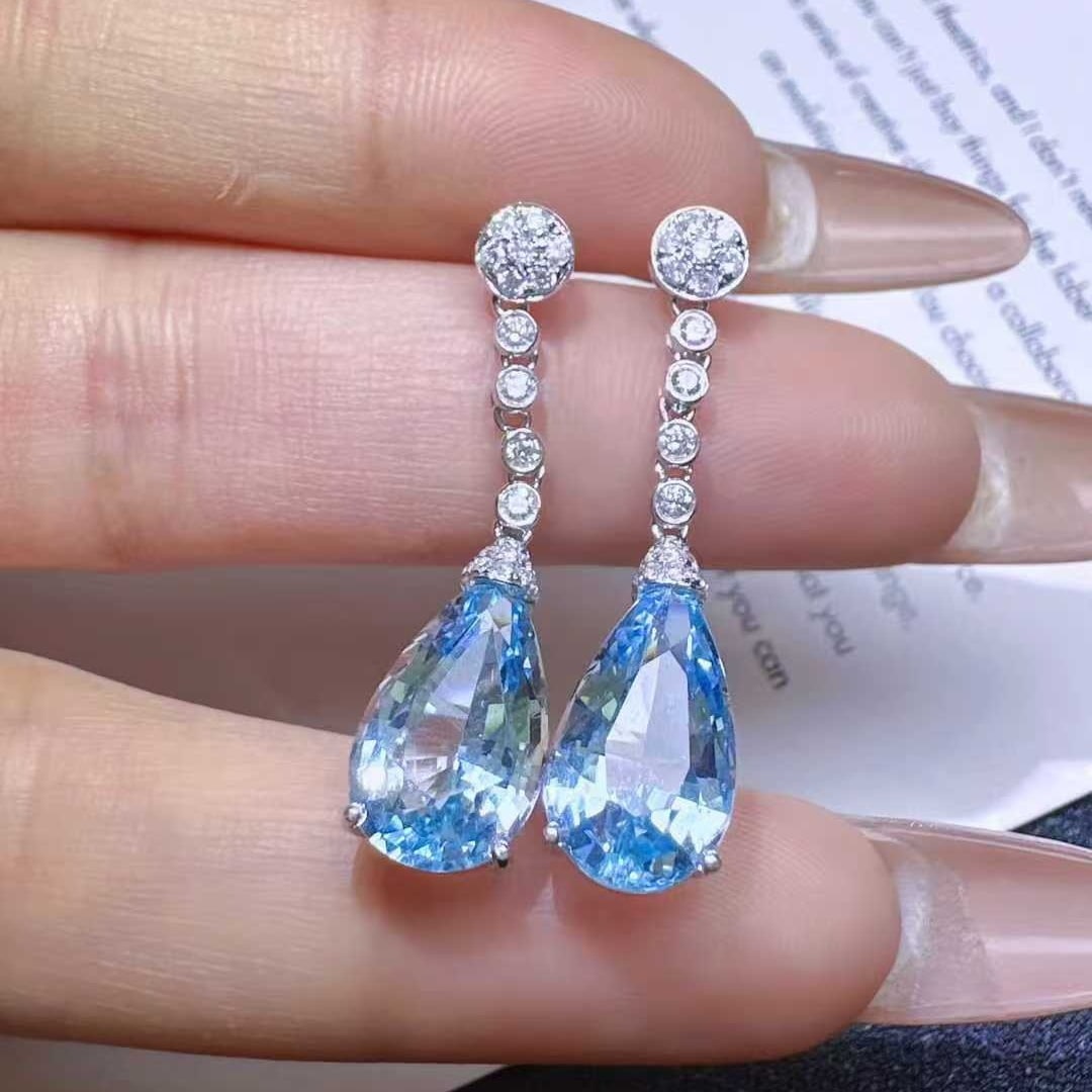 14k Gold 6.22 Ctw Natural Aquamarine & Diamond Earrings - 2