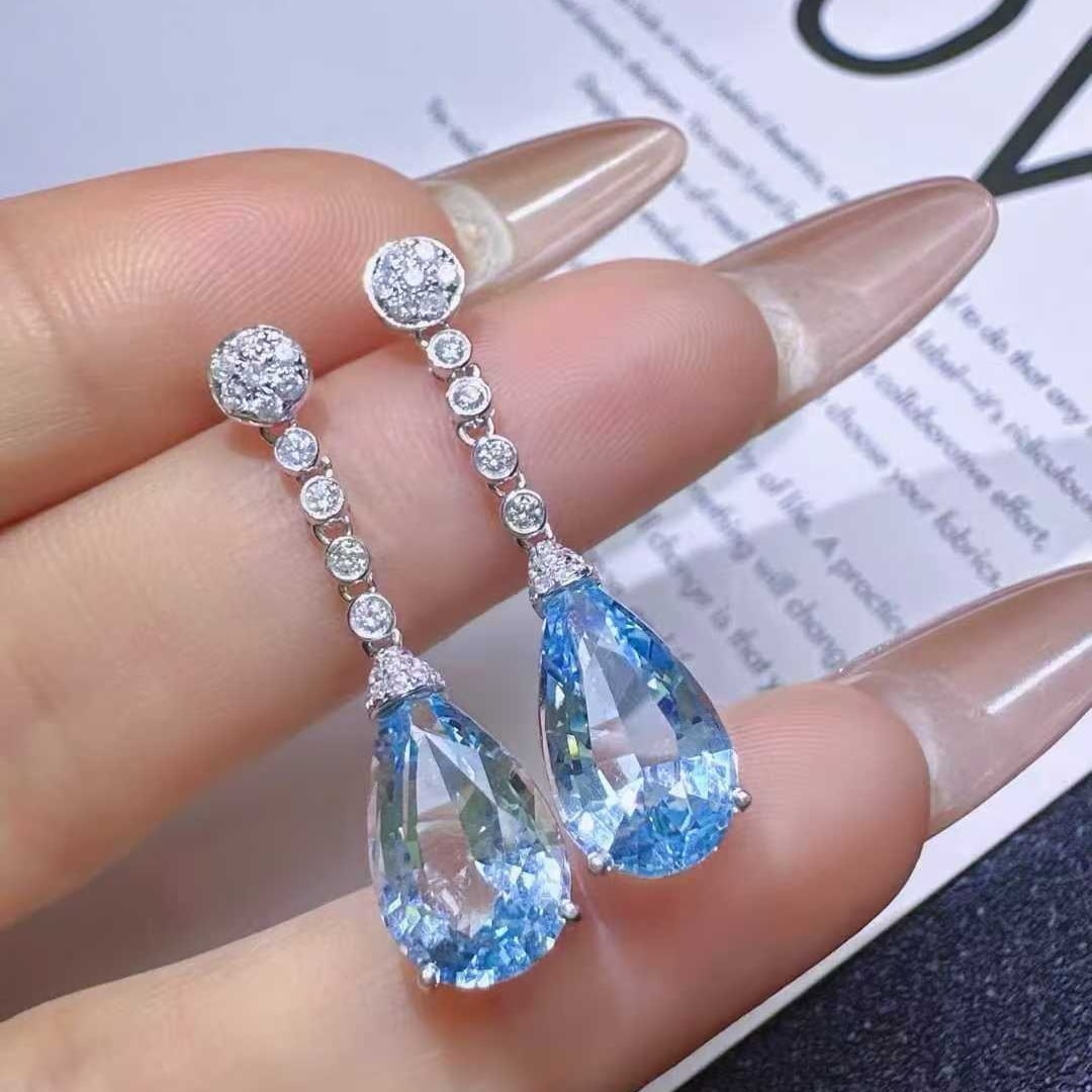 14k Gold 6.22 Ctw Natural Aquamarine & Diamond Earrings - 4