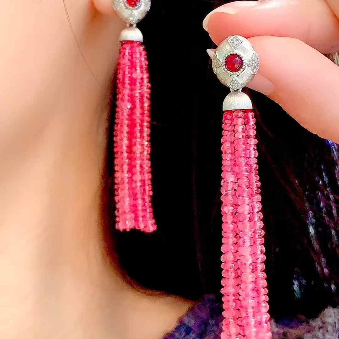 14k Gold 54.57 Ct Natural Spinel & Diamond Earrings - 6