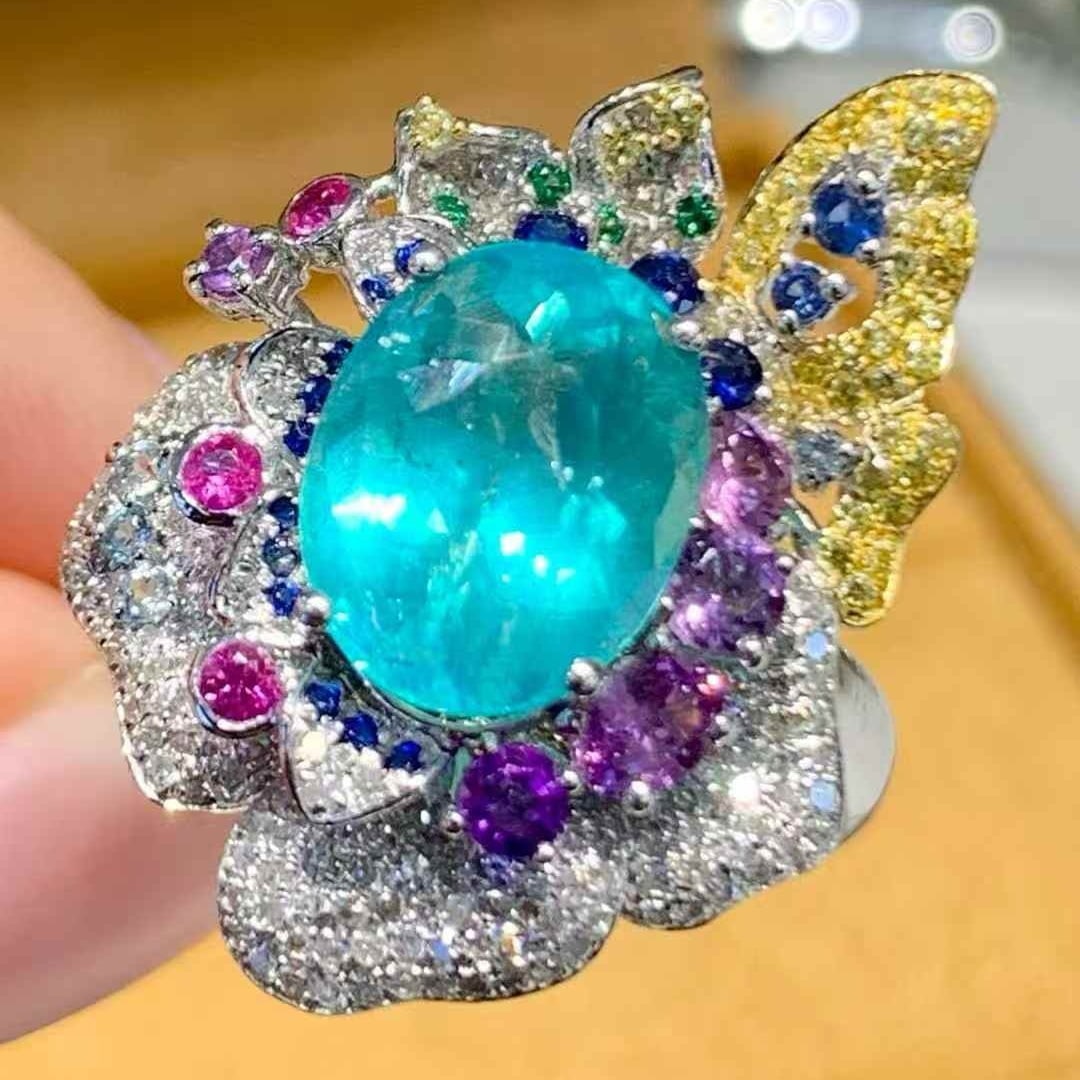 14k Gold 3.02 Ct Natural Paraiba Tourmaline & Diamond Ring - 2