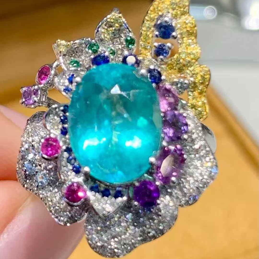 14k Gold 3.02 Ct Natural Paraiba Tourmaline & Diamond Ring - 3