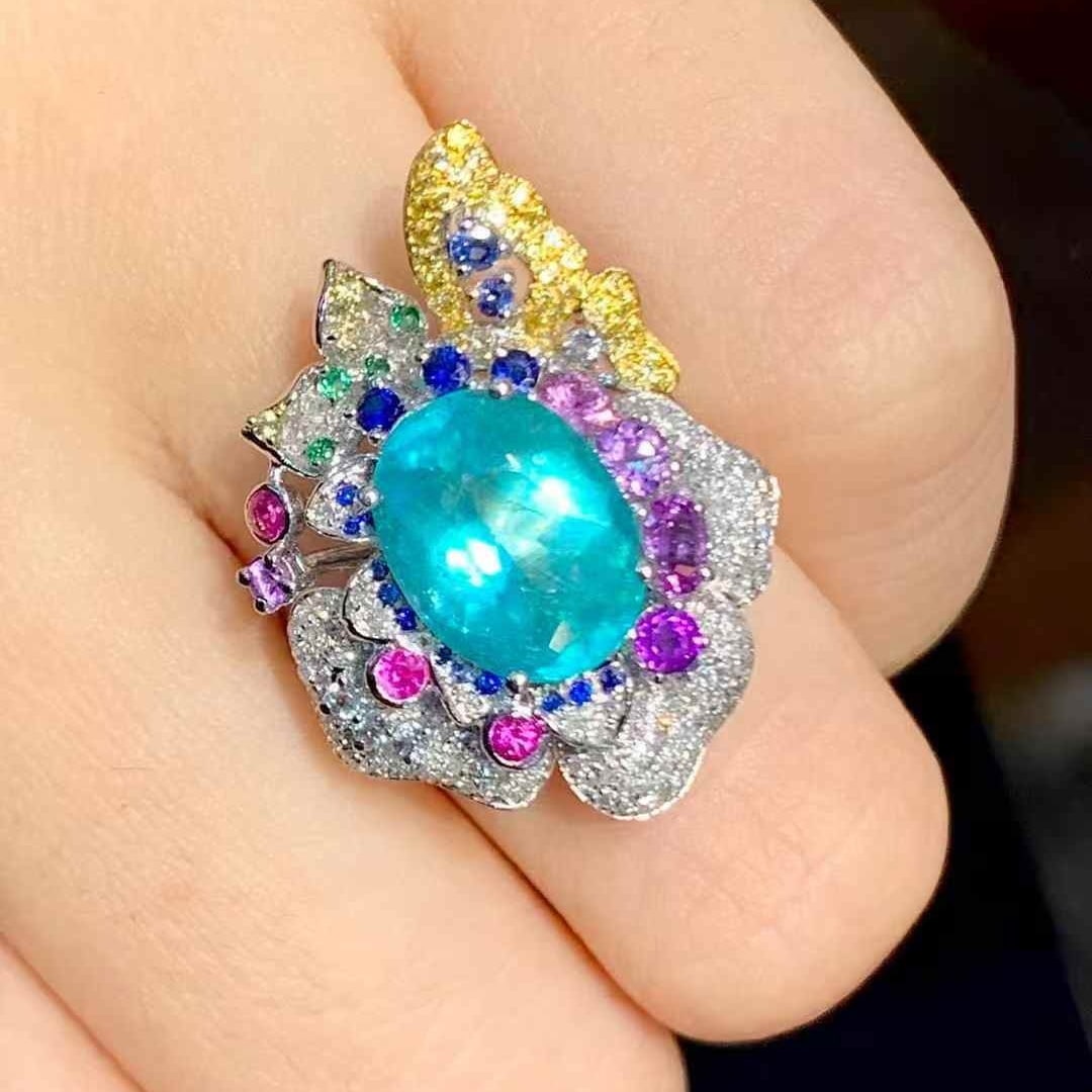 14k Gold 3.02 Ct Natural Paraiba Tourmaline & Diamond Ring - 4