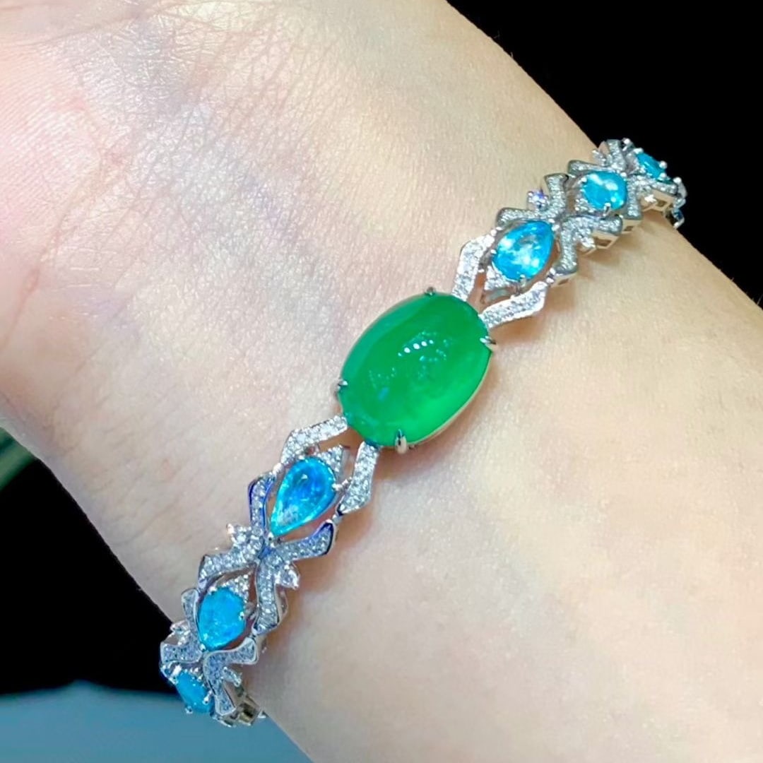 14k Gold 9.1 Ctw Natural Emerald & Paraiba Tourmaline Bracelet - 4
