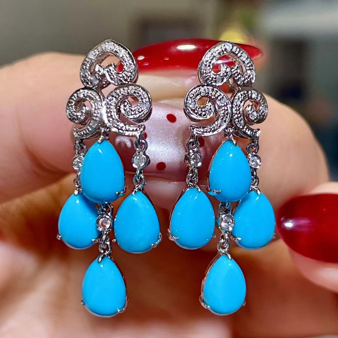 14k Gold 5.82 Ctw Natural Blue Turquoise & Diamond Earrings: Ref:231111140 // gold content:14k gold // main gemstone:blue turquoise // shape:pear // carat weight:5. 66ct // color:blue // treatment:natural // // adjacent gemstone 2 : diamond // shape:round //