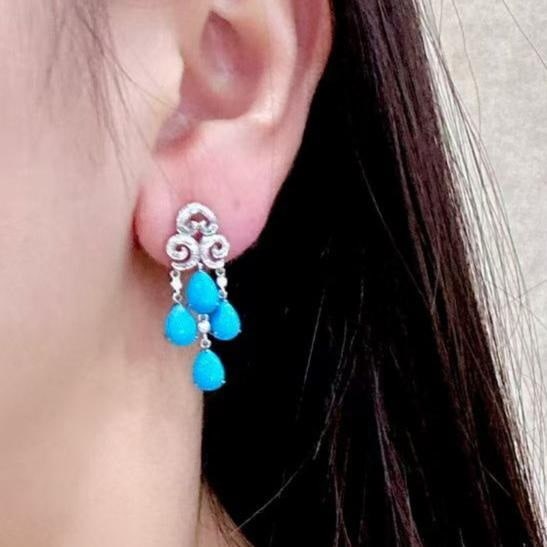 14k Gold 5.82 Ctw Natural Blue Turquoise & Diamond Earrings - 4