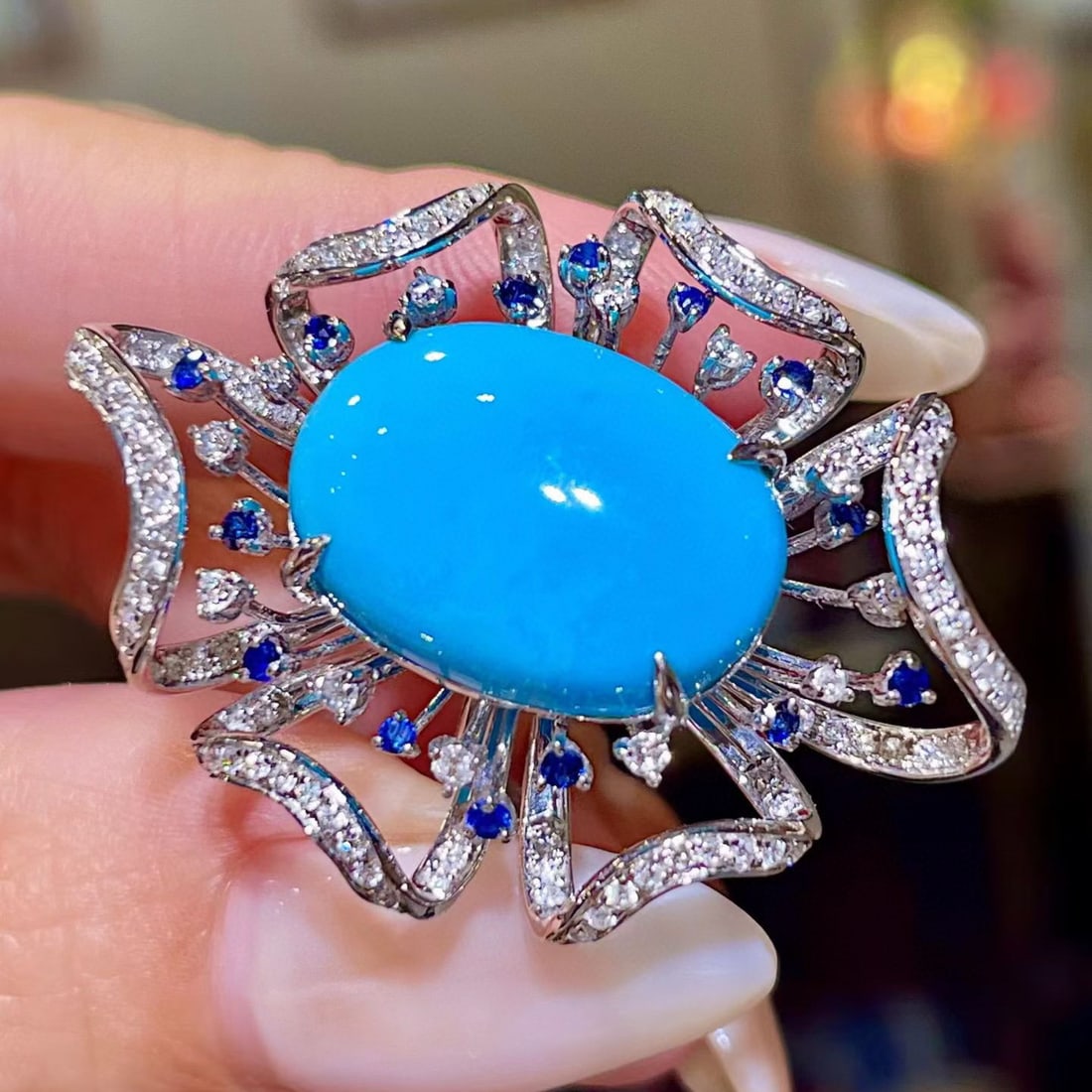 14k Gold 10.26 Ctw Natural Blue Turquoise & Diamond Ring - 3