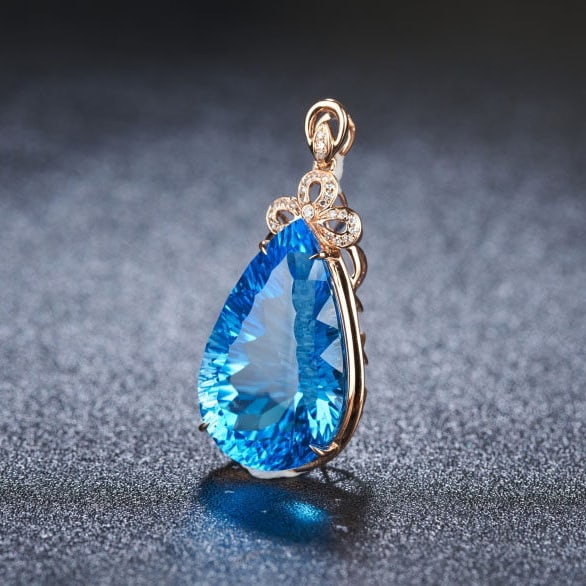 14k Gold 24 Ct Natural Topaz & Diamond Pendant( Without Chain ) - 3