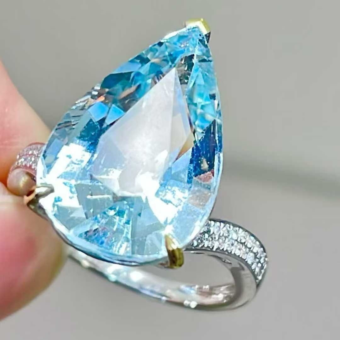 14k Gold 8.85 Ct Natural Aquamarine & Diamond Ring - 2